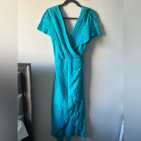 Alice & Olivia Silk-Cotton Tie-Waist Wrap Turquoise Dress - 8 - Picture 12 of 15